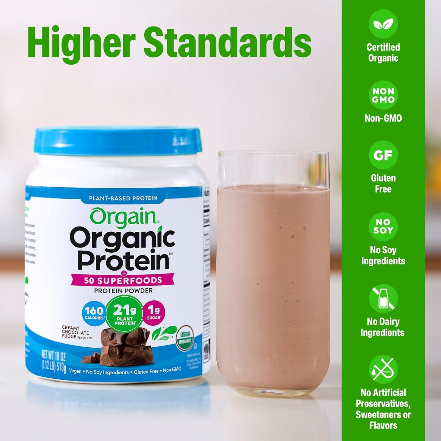 Organic Vegan Protein + 50 Superfoods Powder, Creamy Chocolate Fudge - 21G Plant Based Protein, 10G Prebiotic Fiber, No Lactose Ingredients, Gluten Free, No Added Sugar, Non-Gmo, 1.12 Lb