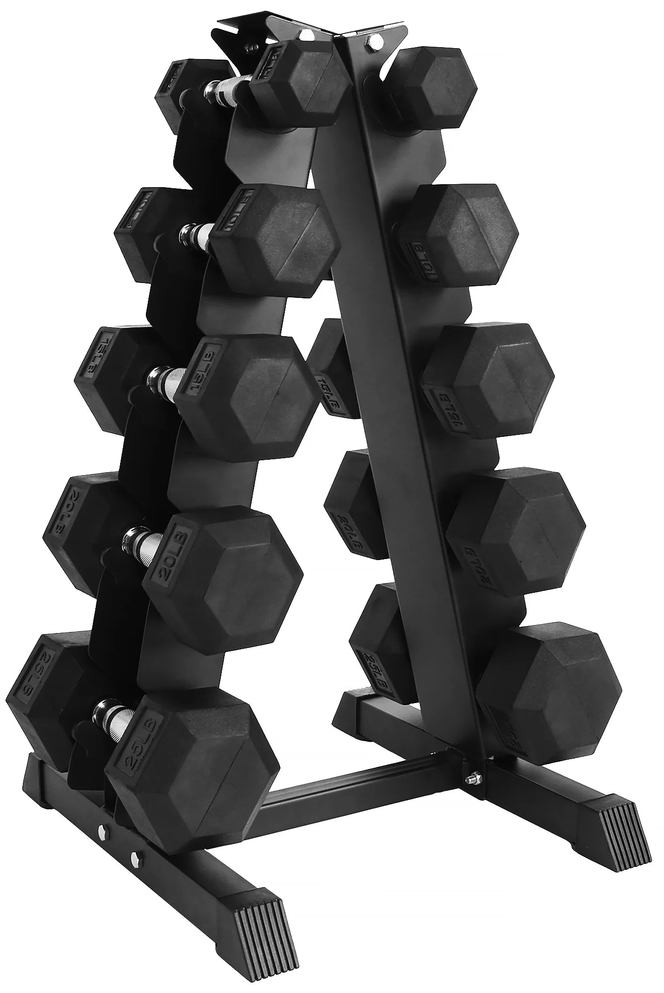150LB Rubber Coated Hex Dumbbell Weight Set with A-Frame Rack, 5-25 Lbs Pairs