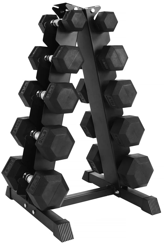 150LB Rubber Coated Hex Dumbbell Weight Set with A-Frame Rack, 5-25 Lbs Pairs