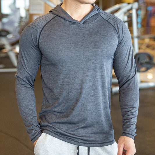 Autumn Gym Men T Shirt Casual Long Sleeve Slim Tops Tees Elastic T-Shirt Sports Fitness Breathable Quick Dry Hooded T Shirt