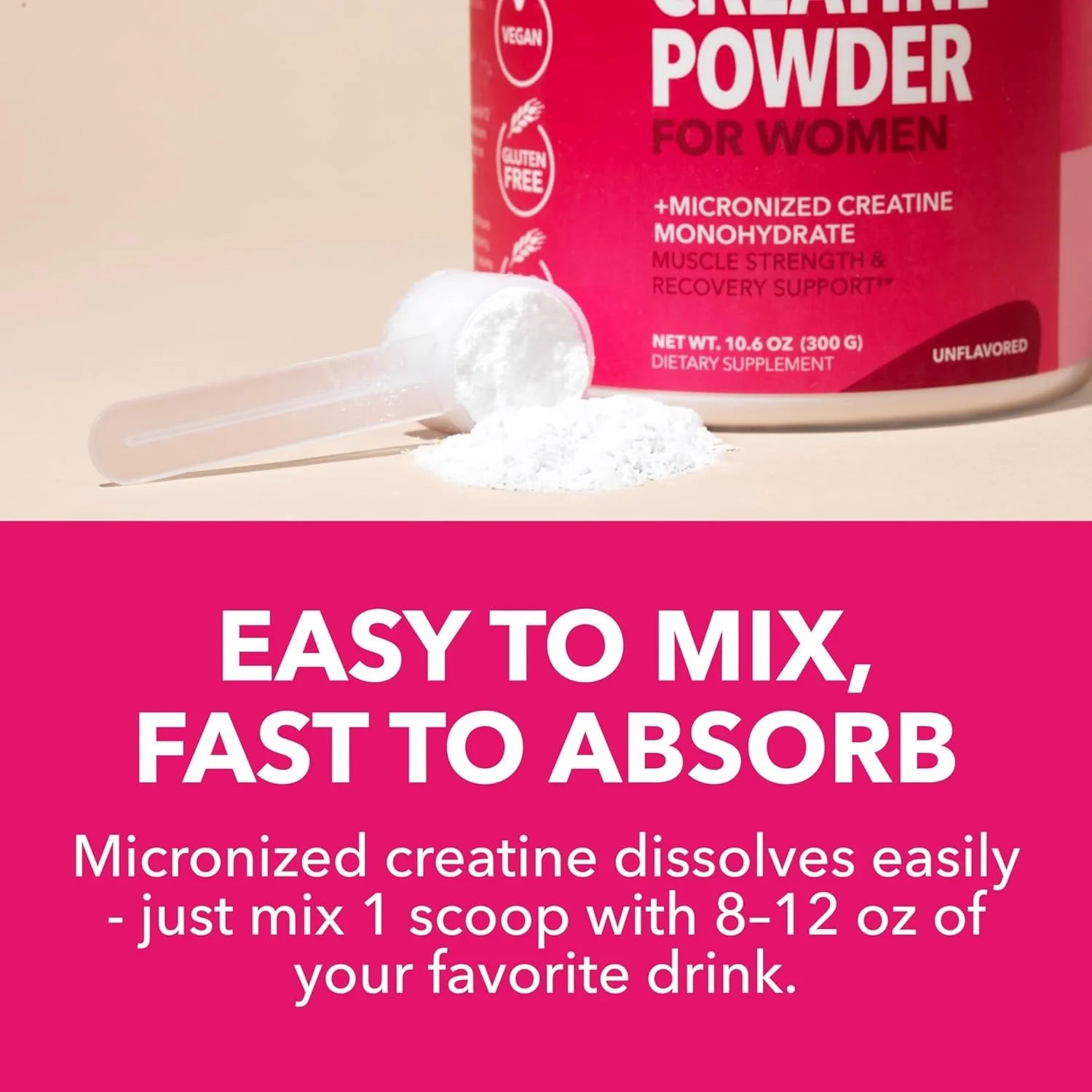 Micronized Creatine Monohydrate Powder for Women, Unflavored, 10.6 Oz (100 Servings)