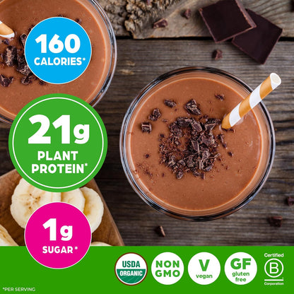 Organic Vegan Protein + 50 Superfoods Powder, Creamy Chocolate Fudge - 21G Plant Based Protein, 10G Prebiotic Fiber, No Lactose Ingredients, Gluten Free, No Added Sugar, Non-Gmo, 1.12 Lb