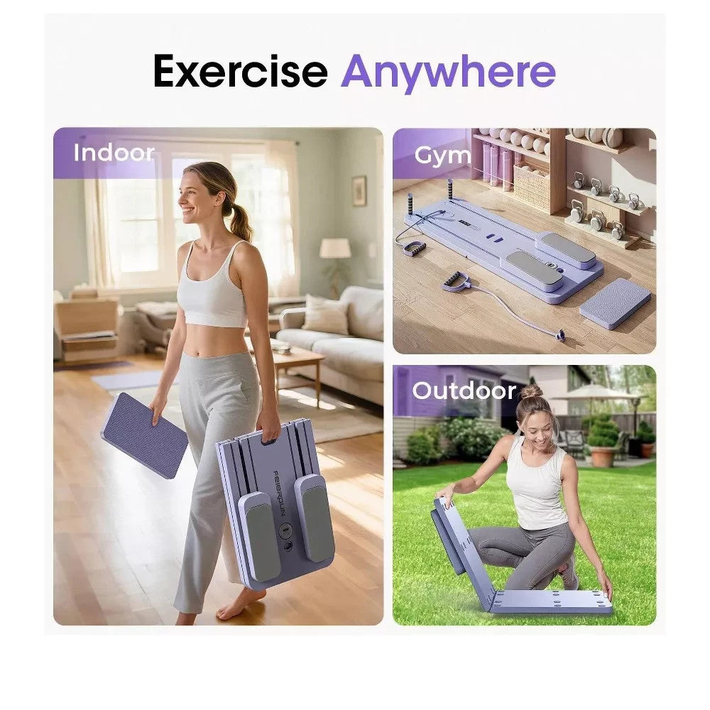 Foldable Pilates Reformer Board Portable Home Gym Core Ab Workout W/Bands