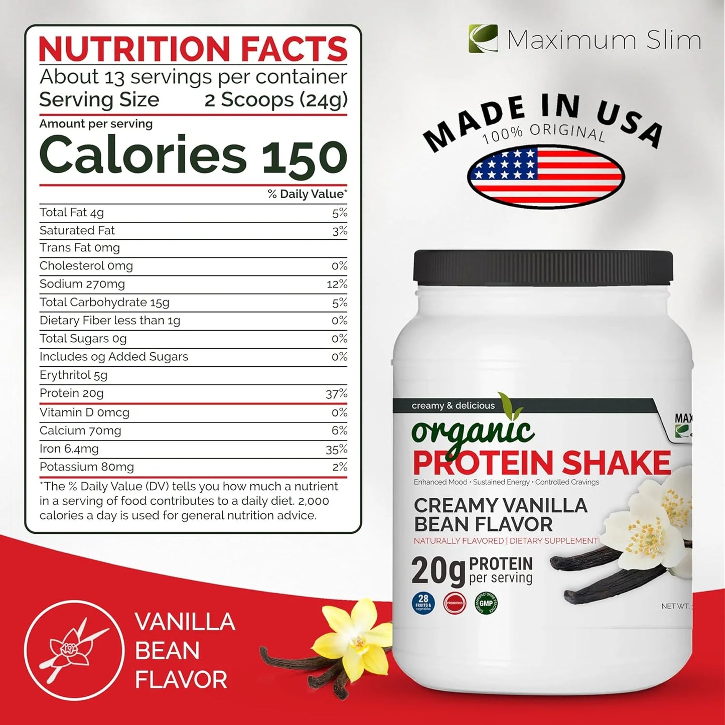 Organic Protein Shake - Creamy Vanilla Bean Flavor