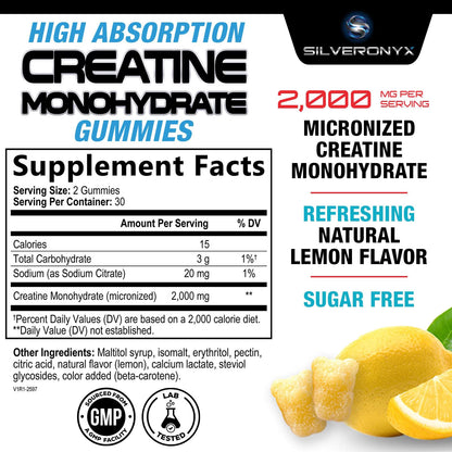 Creatine Gummies - 1G (1000Mg) per Gummy Creatine Monohydrate - Best Micronized, Sugar Free Creatine Chewable for Men & Women - Supports Lean Muscle, Strength, Energy & Endurance - 60 Lemon Gummies