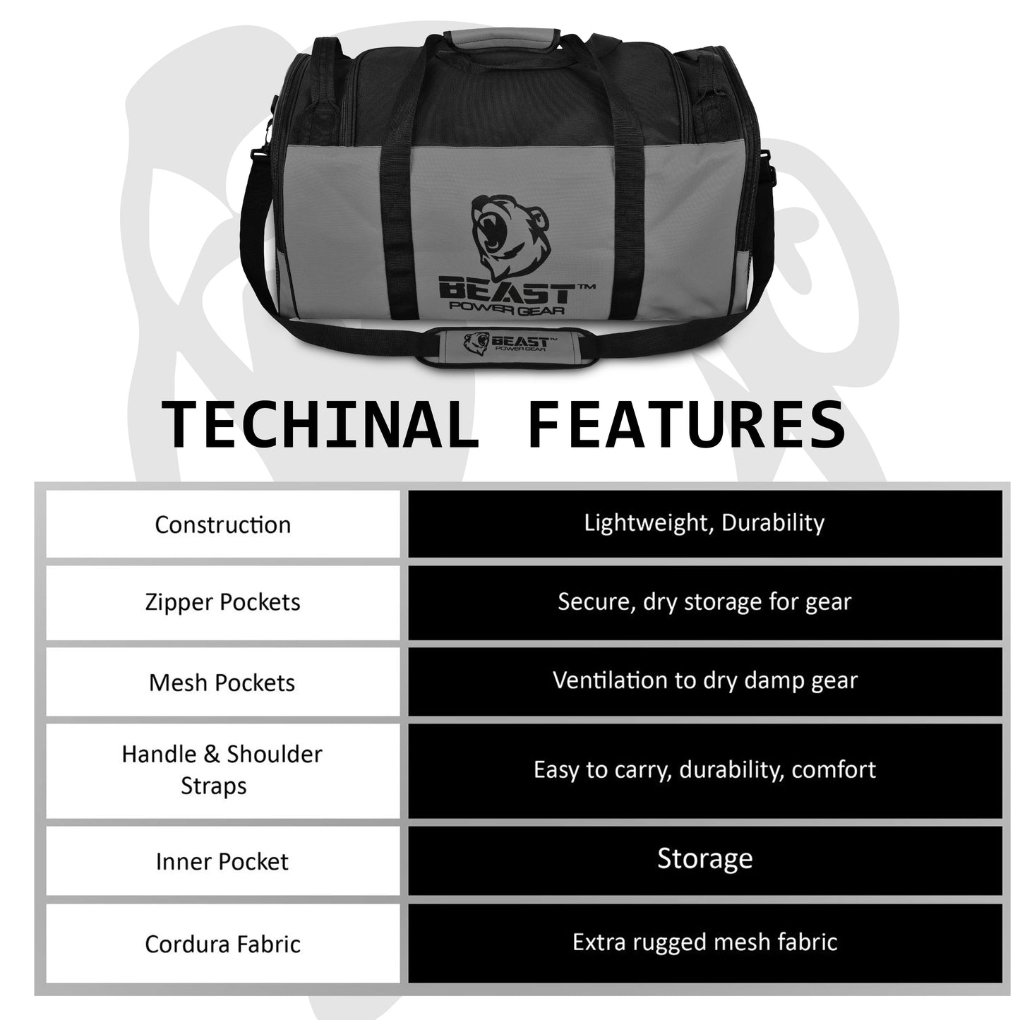 Beast Power Gear Gym Duffle Bag- Workout, Boxing, MMA, Sports Gym Bag with Shoes Compartment Adjustable Shoulder Strap for Men & Women