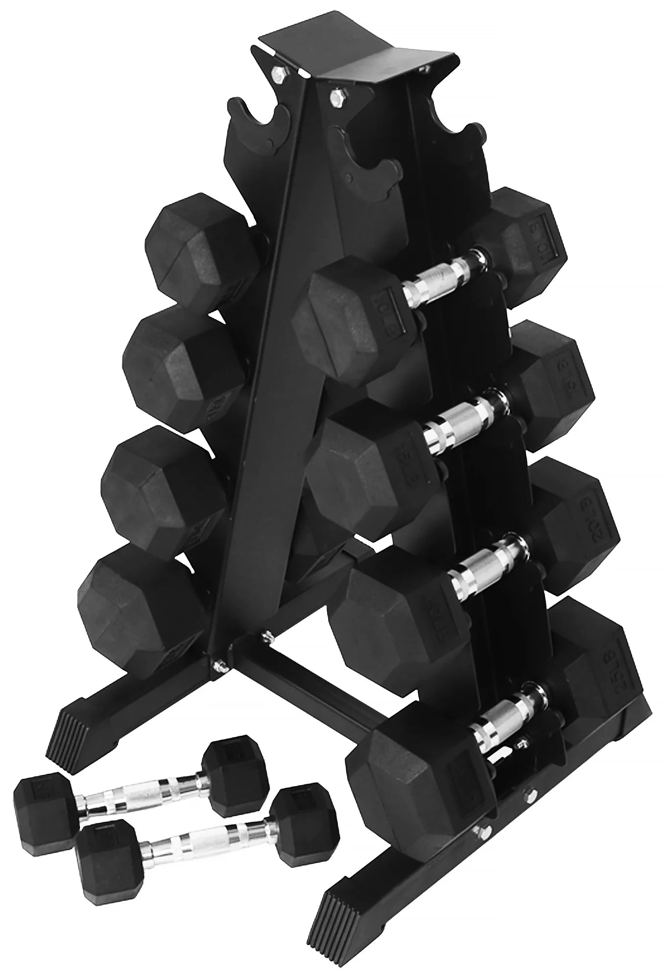 150LB Rubber Coated Hex Dumbbell Weight Set with A-Frame Rack, 5-25 Lbs Pairs