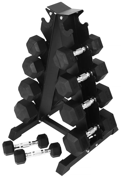 150LB Rubber Coated Hex Dumbbell Weight Set with A-Frame Rack, 5-25 Lbs Pairs