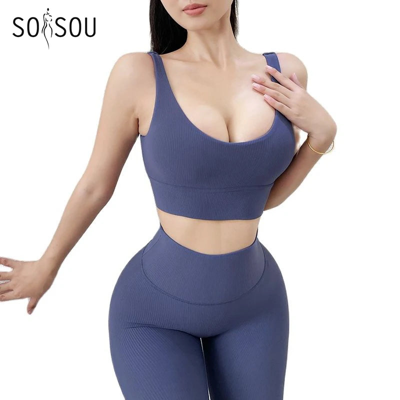 Rib Fabric Women'S Tracksuit Gym Yoga Sportwear Bra Leggings Set Woman 2 Pieces Sport Elastic Breathable Womens Clothing