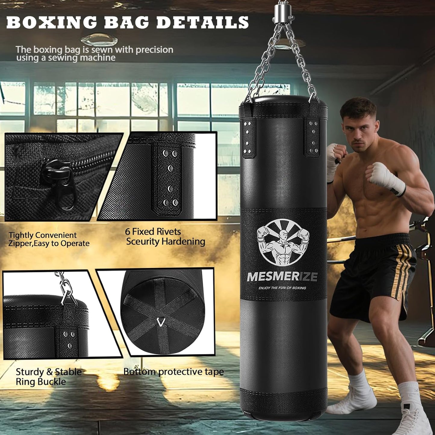 Punching Bag for Adults, 4Ft Heavy Boxing Bag Set with 197 Inch Boxing Hand Wraps for MMA Karate Kickboxing Home Gym Martial Art - Unfilled