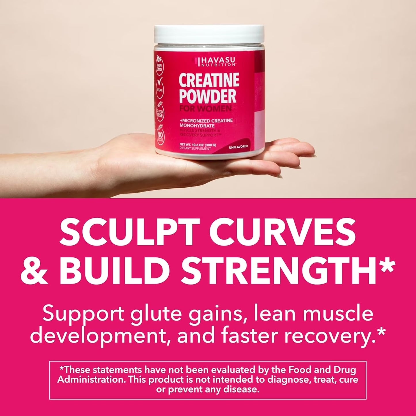 Micronized Creatine Monohydrate Powder for Women, Unflavored, 10.6 Oz (100 Servings)
