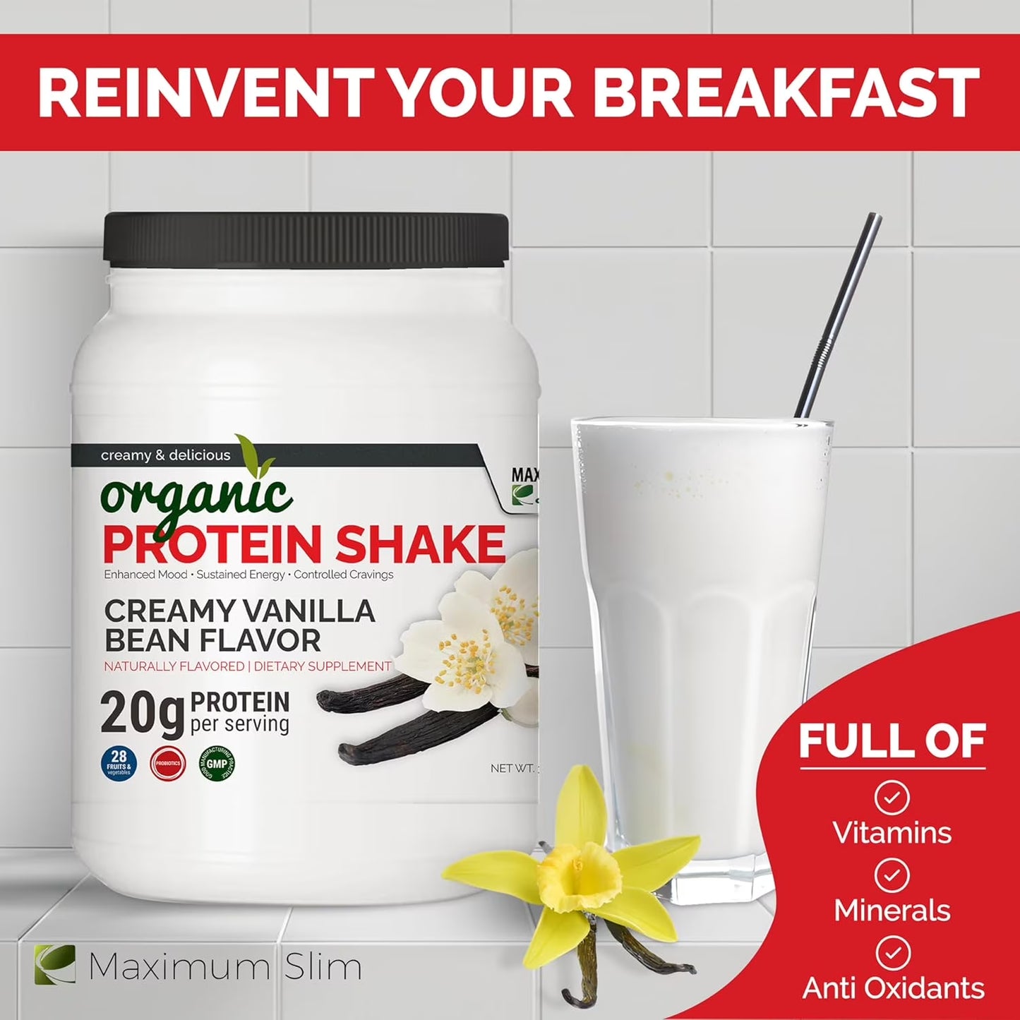 Organic Protein Shake - Creamy Vanilla Bean Flavor
