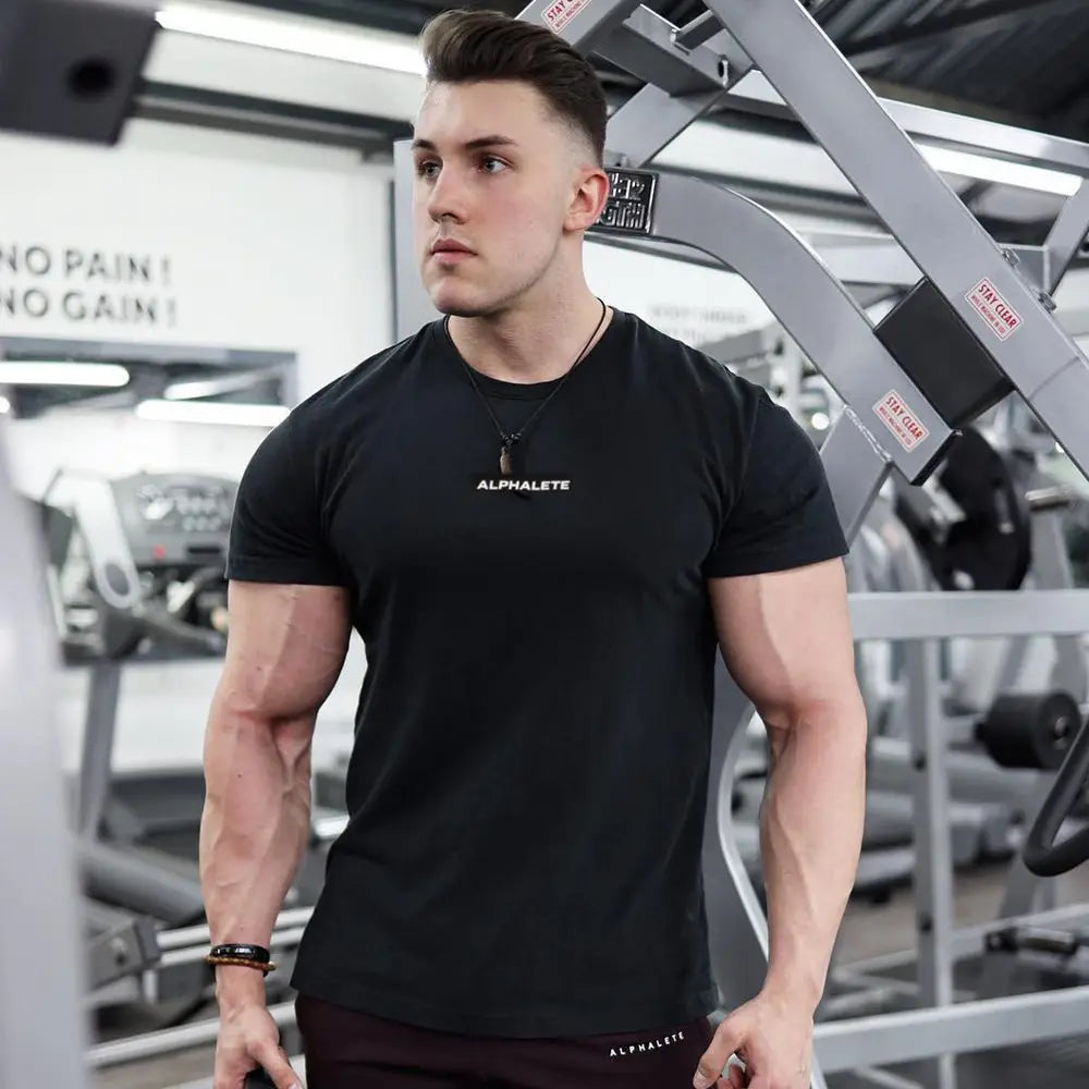 Gym Cotton T-Shirt Men Fitness Workout Slim Short Sleeve Shirt Male Bodybuilding Sport Training Tee Tops Summer Casual Clothing