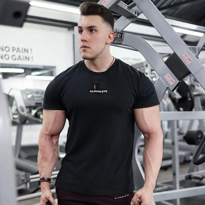 Gym Cotton T-Shirt Men Fitness Workout Slim Short Sleeve Shirt Male Bodybuilding Sport Training Tee Tops Summer Casual Clothing