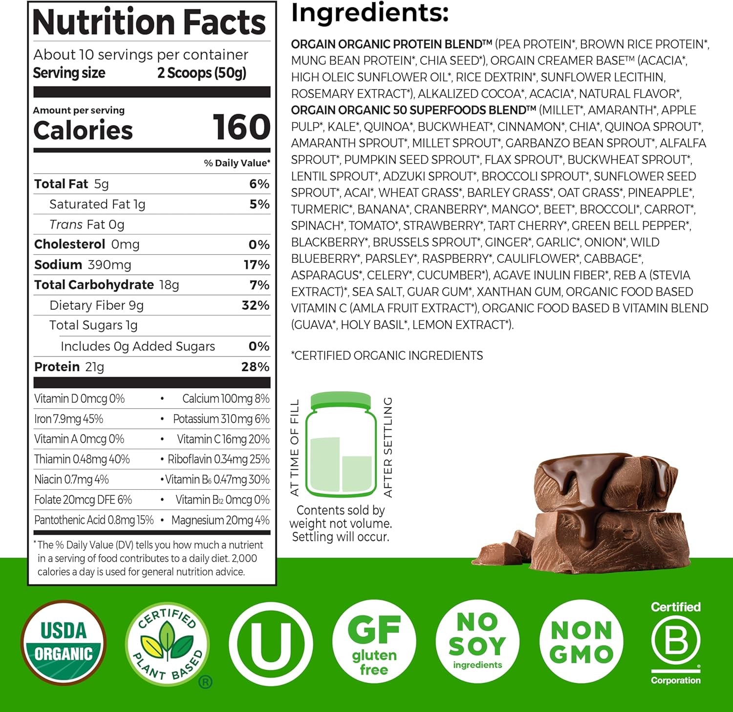Organic Vegan Protein + 50 Superfoods Powder, Creamy Chocolate Fudge - 21G Plant Based Protein, 10G Prebiotic Fiber, No Lactose Ingredients, Gluten Free, No Added Sugar, Non-Gmo, 1.12 Lb
